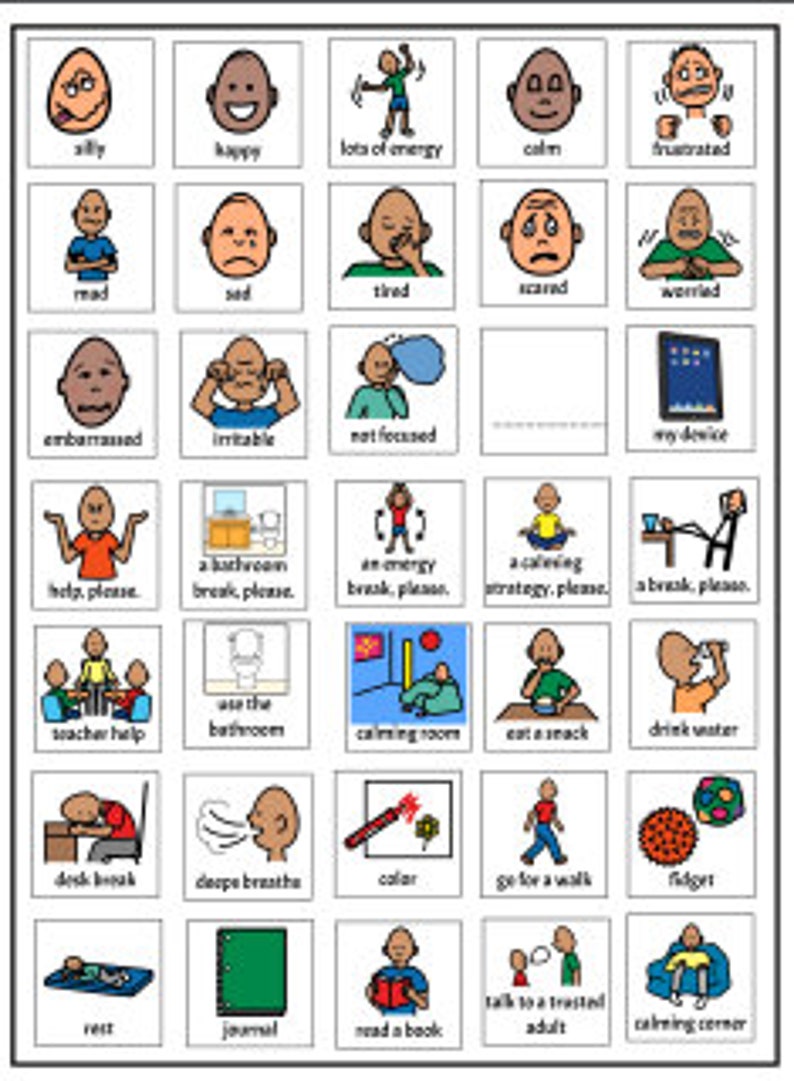 K&ouml;nnte beinhalten: Ein visuelles Diagramm mit bunten Illustrationen und Text, das verschiedene Emotionen, Gef&uuml;hle und Bew&auml;ltigungsstrategien darstellt. Das Diagramm enth&auml;lt W&ouml;rter wie "albern", "gl&uuml;cklich", "viel Energie", "ruhig", "frustriert", "w&uuml;tend", "traurig", "m&uuml;de", "&auml;ngstlich", "besorgt", "verlegen", "reizbar", "nicht konzentriert", "Hilfe, bitte", "eine Toilettenpause, bitte", "eine Energiepause, bitte", "eine beruhigende Strategie, bitte", "eine Pause, bitte", "Lehrerhilfe", "die Toilette benutzen", "Ruheecke", "einen Snack essen", "Wasser trinken", "Pause machen", "tief durchatmen", "malen", "spazieren gehen", "zappeln", "sich ausruhen", "Tagebuch", "ein Buch lesen", "mit einem vertrauten Erwachsenen sprechen", und "Ruheecke".