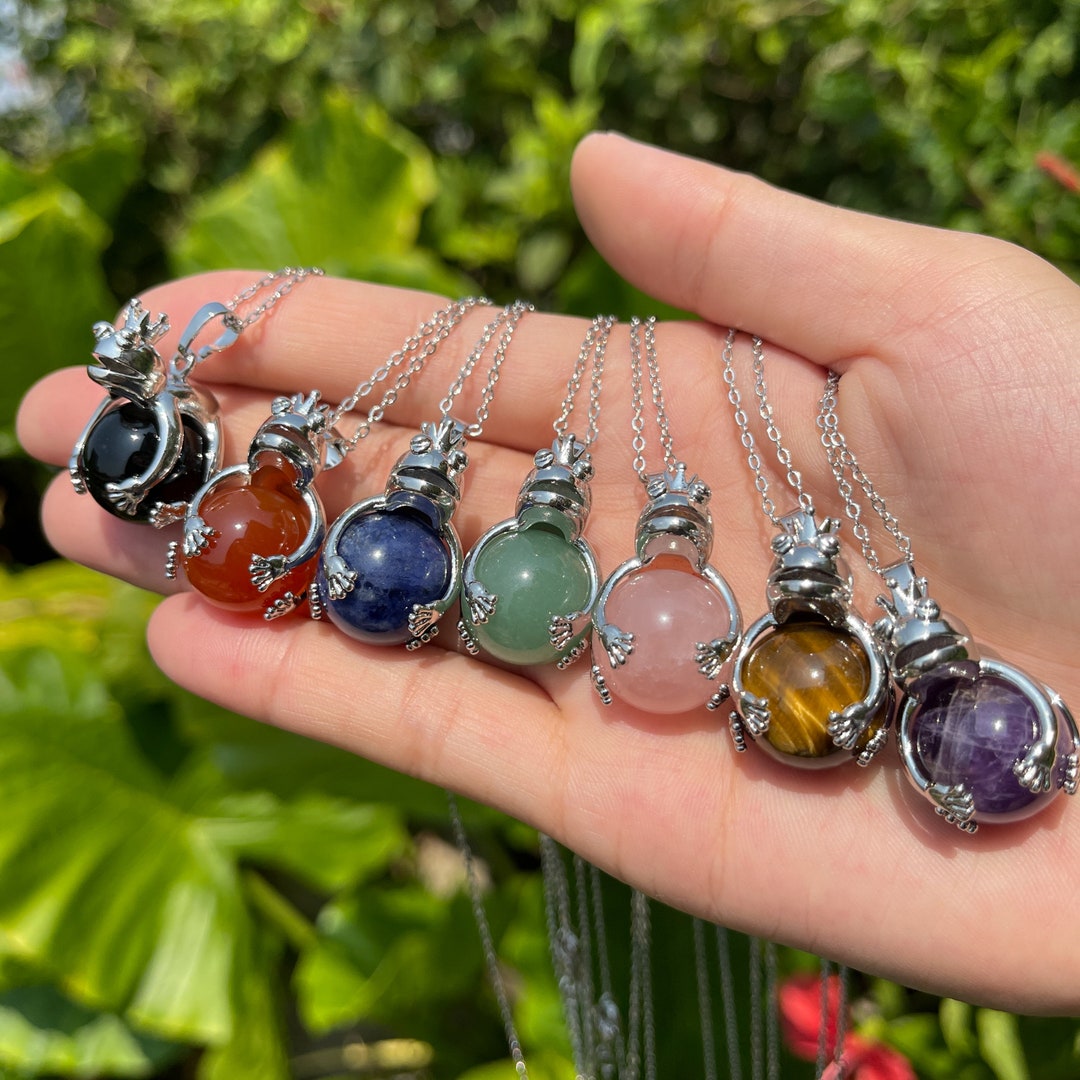 Gemstone Frog Pendant Necklace, Crystal Sphere With Silver Frog