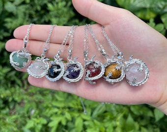 Genuine Gemstone Sphere with Silver Dragon Necklace, Crystal Sphere Necklace, Amethyst, Rose Quartz, Black Obsidian, Carnelian, Tiger Eye