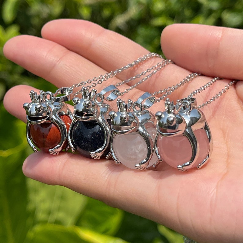 Gemstone Frog Pendant Necklace Crystal Sphere With Silver Etsy