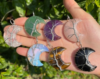 Crystal Tree of Life Crescent Moon Necklace, Wire Wrapped Moon Necklace, Crystal Necklace For Women, Healing Crystal