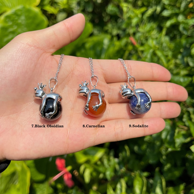Gemstone Frog Pendant Necklace Crystal Sphere With Silver Etsy