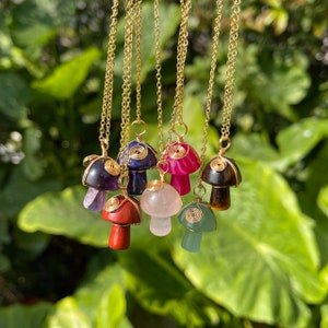 Crystal Mushroom Necklace, Gold Wire Wrapped Mushroom Necklace, Wire Wrapped Jewelry, Gift for Her, Healing Crystal