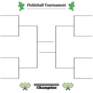 May include: A blank pickleball tournament bracket with the title "Pickleball Tournament" at the top.  Two cartoon pickles are on either side of the title.  The bracket has space for eight players.  The bottom of the bracket says "Champion" with two crossed pickleball paddles.