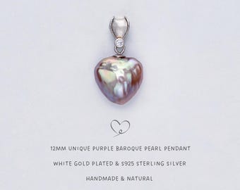 12MM Purple Baroque Pearl Heart Pendant. Natural Freshwater Pearl