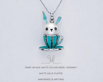 Edison Pearl Bunny Pendant: White -Plated Sterling Silver | Freshwater Pearl