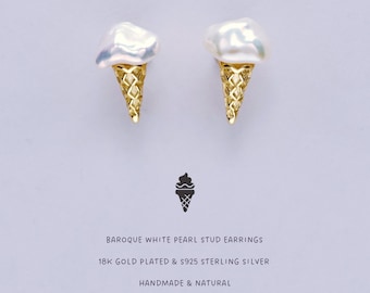 Ice Cream Baroque Pearl Earrings: Gold Plated Sterling Silver Studs