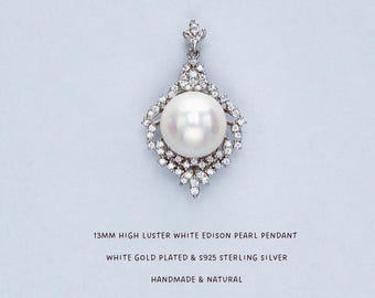 13MM White Edison Pearl Pendant: White Gold Plated Sterling Silver -  High Luster White Round Natural Pearl