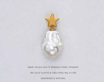 15MM Unique Mini White Baroque Pearl Pendant with Star Charm • Gold Plated Sterling Silver