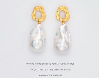 White Baroque Pearl Earrings•Gold Vermeil Drop Earrings•Natural Freshwater Pearl Stylish Earrings•European Earrings•Gift for Her