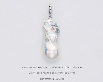 Colgante barroco de perla: Perla blanca Fireball de 30 mm, plata de ley S925.