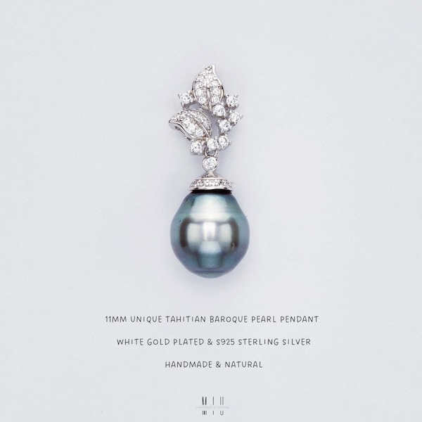 11MM Blue Tahitian Baroque Pearl Pendant | White Gold Plated S925 Sterling Silver