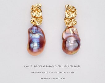 Baroque Pearl Dangle Earrings•Bridal Gold Vermeil Earrings•Natural Iridescent Pearl Earrings•Jewelry Earrings•Exaggerated Earring