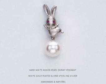 6MM  Akoya  Pearl Benny Pendant • Cutie High Luster Sea water Pearl Rabbit Pendant • Dainty Christmas Gift for Sales