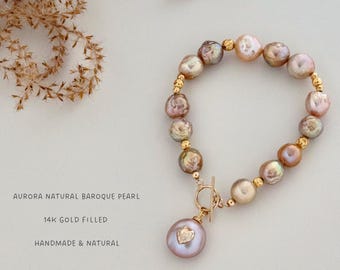 Colorful Metal And Baroque Pearl Bracelet- Heart-shaped Charm Natural Pearls 14K Gold Filled Bracelet
