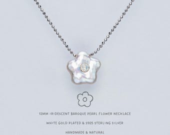Dainty Baroque Pearl Flower Pendant Necklace: White Gold Plated Sterling Silver, Natural Pearl Minimalist Choker Necklace, Birthday Gift