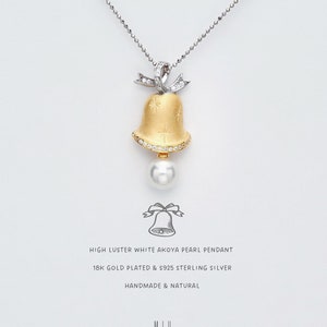 Akoya Pearl Christmas Bell Pendant: 18K Gold Plated Sterling Silver