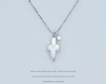 Handcrafted Baroque Pearl Cross Necklace: White Gold Plated Sterling Silver