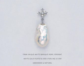 17MM Mini Baroque Pearl Cross Pendant | White Gold  Plated Sterling Silver | Ultra-Rare Aurora Mirror Mint Pearl