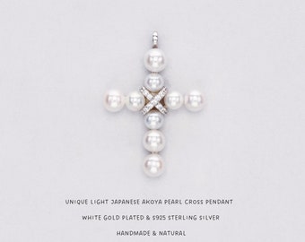 Akoya Pearl Cross Pendant: Gold Vermeil Sterling Silver, Dainty Jewelry