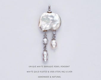 MIUplus Unique White Baroque Pearl Pendant • High Luster Freshwater Irregular Pearl • Baroque Tassel Pendant • Gift for Her • Made in NY