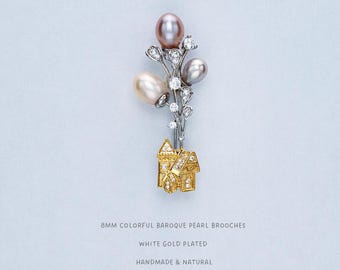Balloon House Pin with Colorful Pearls - Unique Handmade Brooch - Fairy Tale Jewelry - Gift for Her