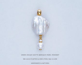 MIUplus Unique White Baroque Pearl Pendant • High Luster Freshwater Irregular Pearl • Baroque Tassel Pendant • Gift for Her • Made in NY