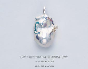24MM Mirror Iridescent Baroque Pearl Fireball Pendant•Natural Irregular S925 sterling silver Pendant•Minimalist Everyday Pendant•Gifts