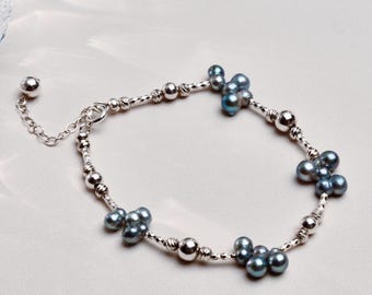 Ice-blue Grapes Baroque Bracelet•Natural Freshwater Pearls•Adjustable S925 Sterling Silver Pearls Jewelry•Birthday Gifts