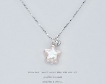 12mm Baroque Pearl Star Necklace: Iridescent Natural Pearl Sterling Silver Celestial Pendant Handmade Jewelry