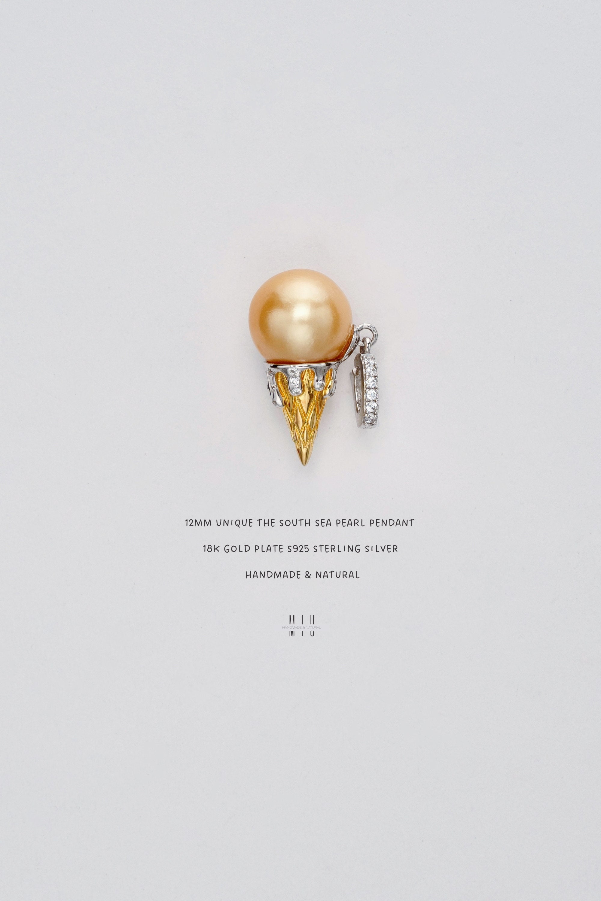 12mm South Sea Pearl Ice Cream Pendant: 18K Gold-Plated Sterling Silver