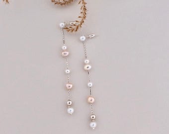 Dangling Pearl Earrings-  Natural freshwater pearls - Sterling Silver Drop Earrings