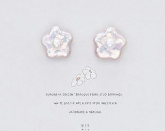 Orecchini a fiore con perle barocche iridescenti: perno in argento sterling / perla d'acqua dolce da 12 mm
