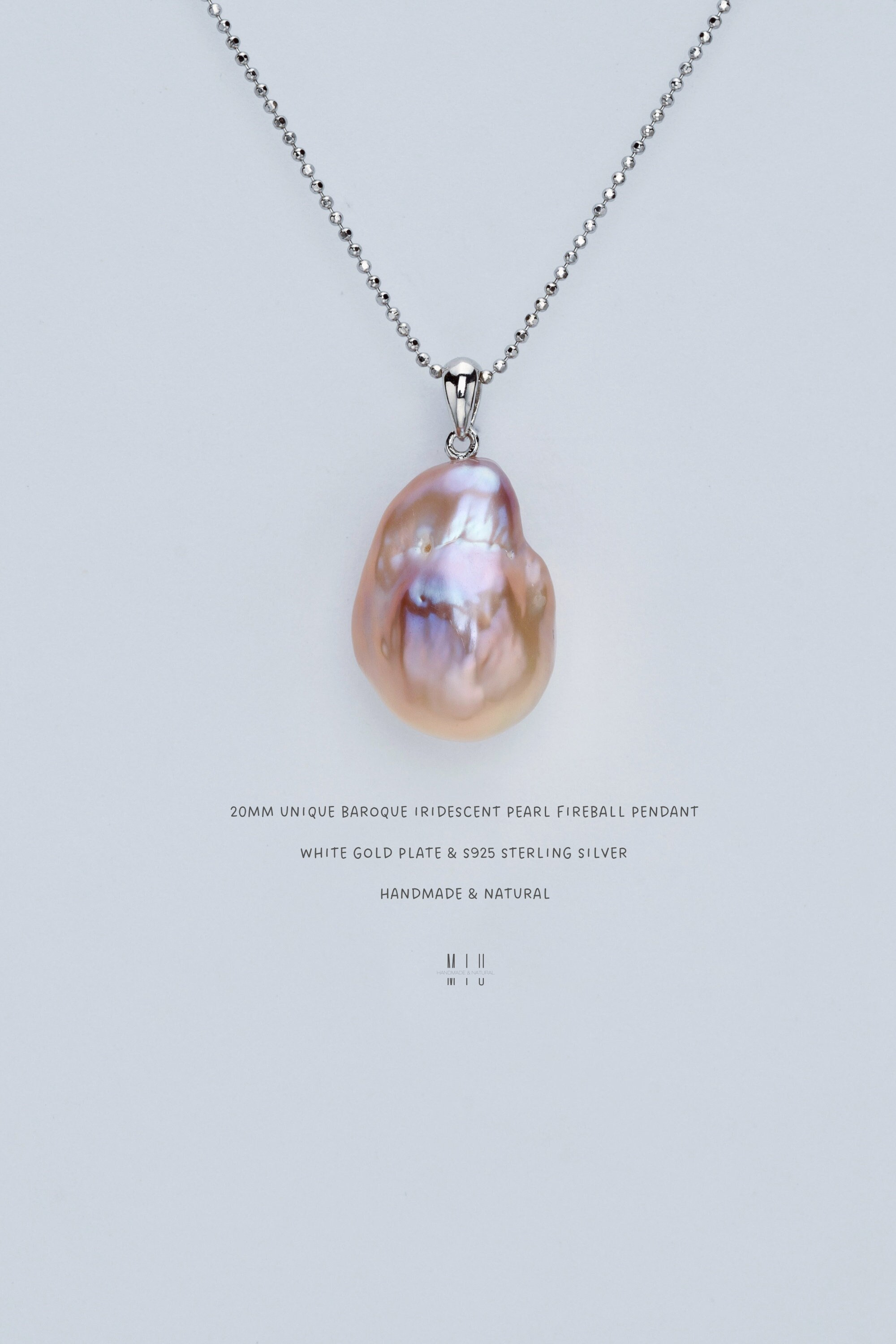 Baroque Pearl Pendant: Iridescent S925 Sterling Silver, 20mm
