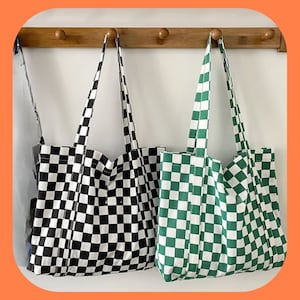 Isla Checkered Canvas Shoulder Tote Bag (available in Black and Blue)