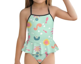 Kleurrijke abstracte vormen in pasteltinten op gedempte waterkleur uit één stuk meisjesbadpak met ruches