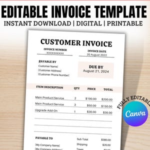 May include: Editable customer invoice template with a beige background. The invoice includes sections for invoice number, invoice date, payable by, due by, item description, quantity, price, total, payable to, sub total, shipping, taxes, and total. The invoice is fully editable and can be customized using Canva.