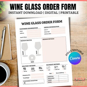 Wine Glass Order Form Editable Template, Handmade Seller Order Forms, Craft Market Custom Orders, Glass Etching Hand Painter Business Forms