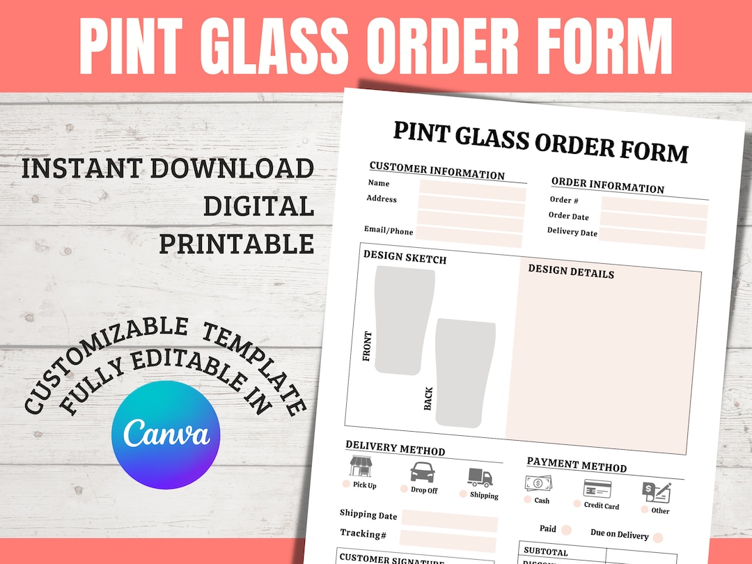 Pint Glass Order Form Editable Template, Custom Cup Order Forms for