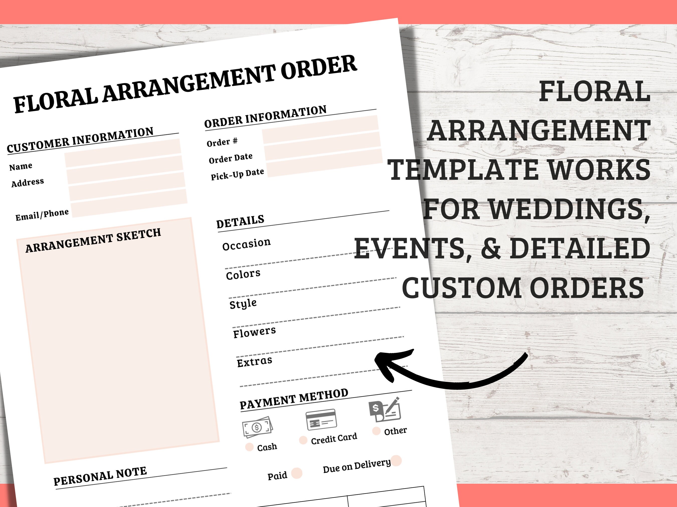Floral Order Form Template Editable Flower Bouquet Arrangement and