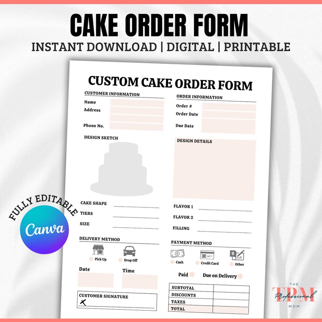 Wedding Cake Order Form Bundle, Custom Cake Order Form Template ...