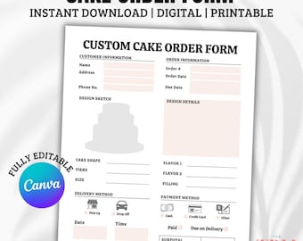 Puede incluir: Un formulario de pedido de pastel imprimible con secciones para la información del cliente, los detalles del pedido, el boceto del diseño, la forma del pastel, los sabores, el relleno, el método de entrega, el método de pago y la firma del cliente. El formulario tiene un fondo blanco con acentos rosados.