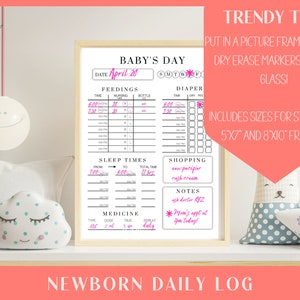 May include: A white and pink newborn daily log with a wooden frame. The log includes sections for feedings, diaper changes, sleep times, shopping, notes, and medicine. The text "Baby's Day" is at the top.