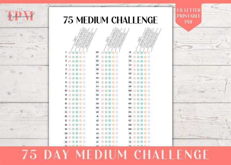 75 Medium Challenge Tracker, 75 Medium Printable PDF, 75 Day Challenge ...