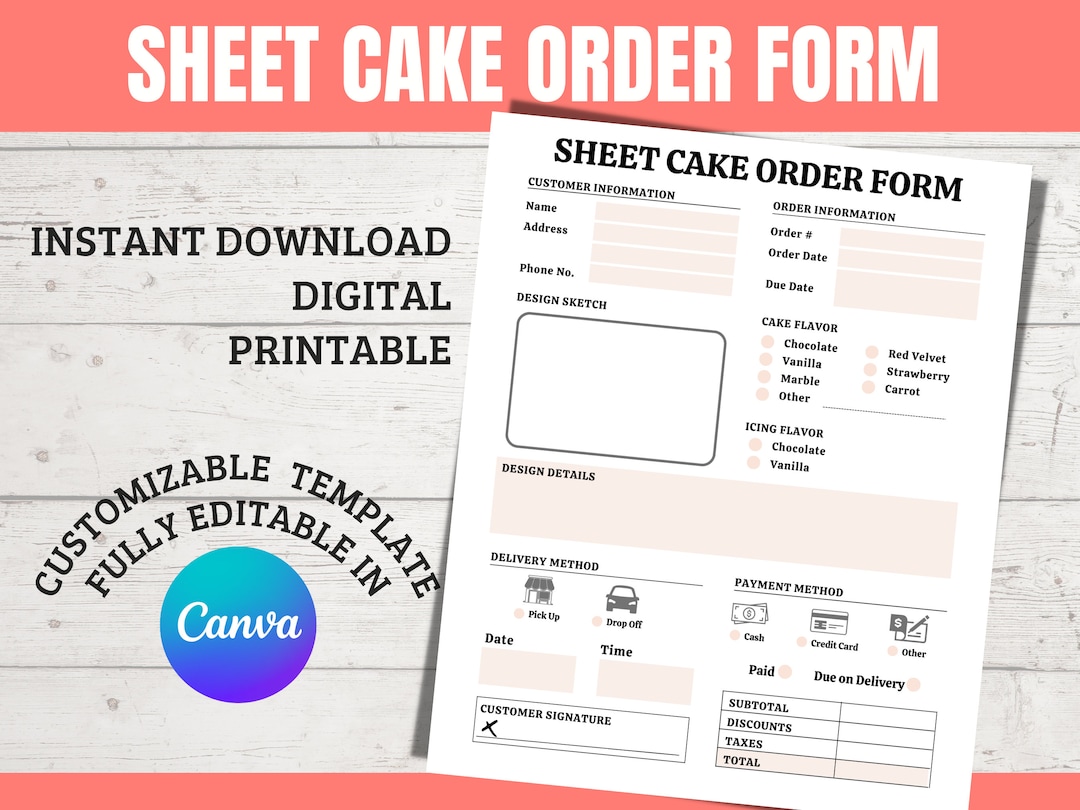 Sheet Cake Order Form Bundle, Custom Birthday Cake Order Form Template