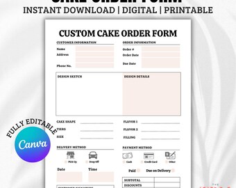 Puede incluir: Un formulario de pedido de pastel imprimible con secciones para la información del cliente, los detalles del pedido, el boceto del diseño, los detalles del diseño, la forma del pastel, las capas, el tamaño, el sabor, el relleno, el método de entrega, el método de pago y el costo total. El formulario es totalmente editable y se puede personalizar usando Canva.