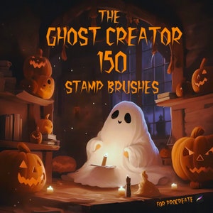 May include: A digital illustration of a ghost holding a book and a candle, surrounded by pumpkins and other Halloween decorations. The text "The Ghost Creator 150 Stamp Brushes for Procreate" is displayed on the image.