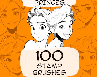 100 Cartoon Princes Procreate Brushes: Character Design Stamps (Brushset Digital Download)