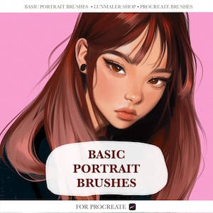 May include: Digital art of a woman with long, reddish-brown hair and brown eyes, set against a pink background. The text "BASIC PORTRAIT BRUSHES" is displayed in a white oval. The image is for Procreate brushes.