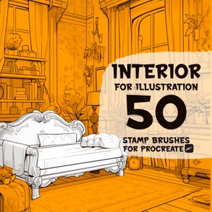 May include: A set of 50 interior illustration stamp brushes for Procreate. The image shows a line drawing of a living room with a couch, a bookshelf, a window, and plants. The text "INTERIOR FOR ILLUSTRATION 50 STAMP BRUSHES FOR PROCREATE" is displayed on the image.